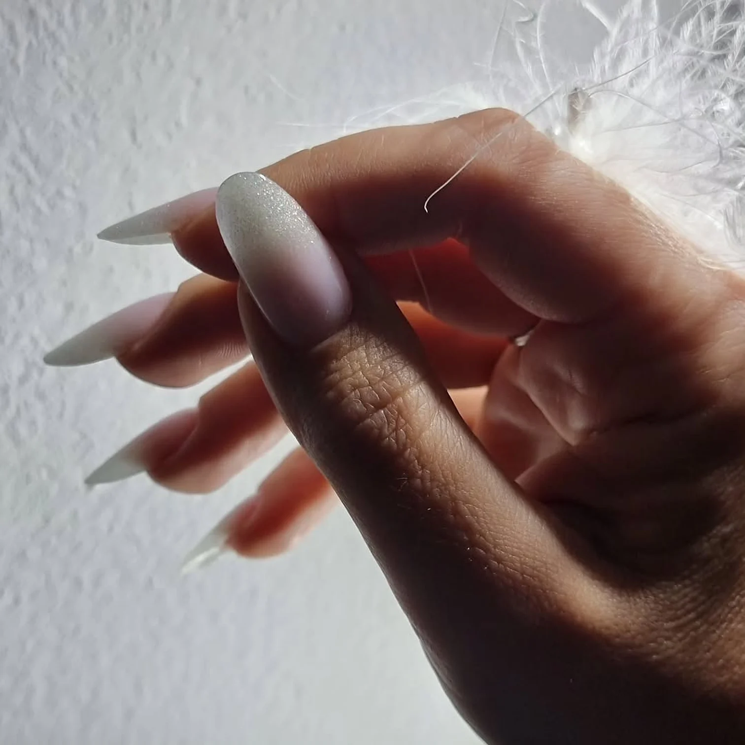 Long almond nails with a soft shimmer